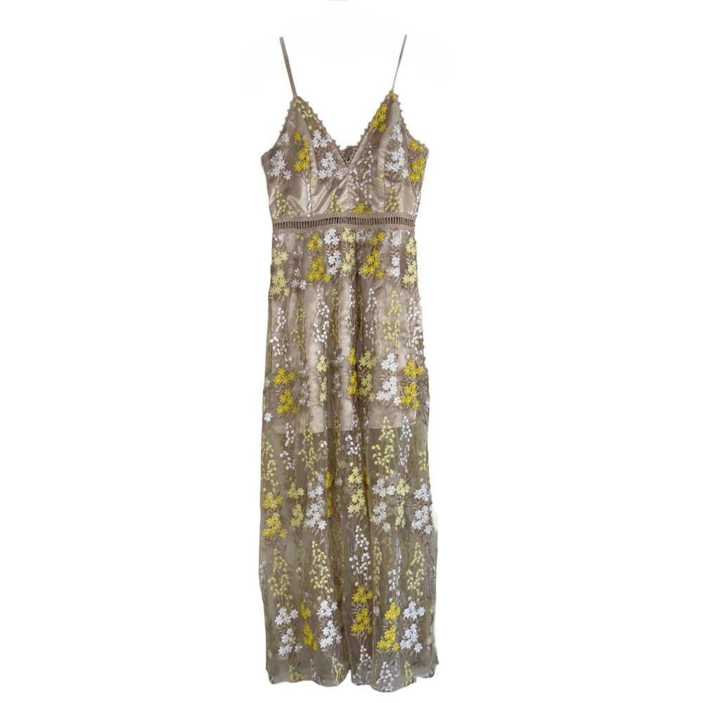 AQUA Floral Embroidered Maxi Beaded Champagne Sheer Boho Fairy Dress LIKE NEW